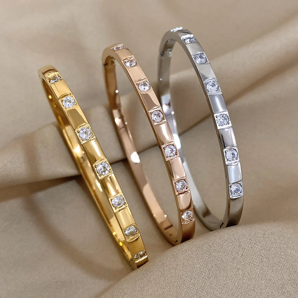 Pulsera rígida cuadrada de acero inoxidable con circonitas para mujer, minimalista y resistente al agua