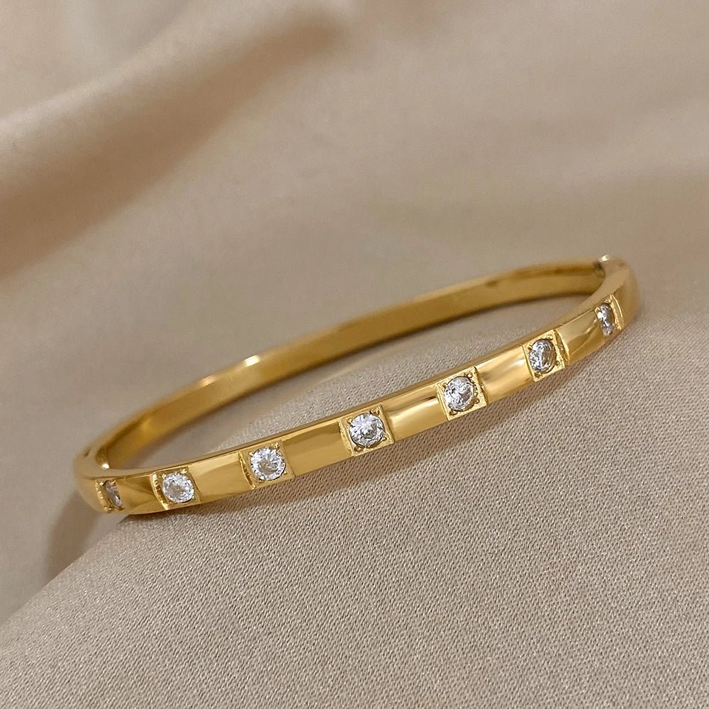 Pulsera rígida cuadrada de acero inoxidable con circonitas para mujer, minimalista y resistente al agua